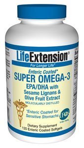 Life Extension Super Omega-3 EPA DHA with Sesame Lignans and Olive Fruit Extract -- 120 Enteric Coated Softgels
