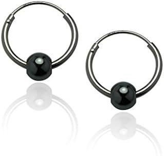 Silverline Jewelry- Pair of 925 Sterling Silver Small Endless Hoop Earrings with Simulated Hematite Ball,14mm
