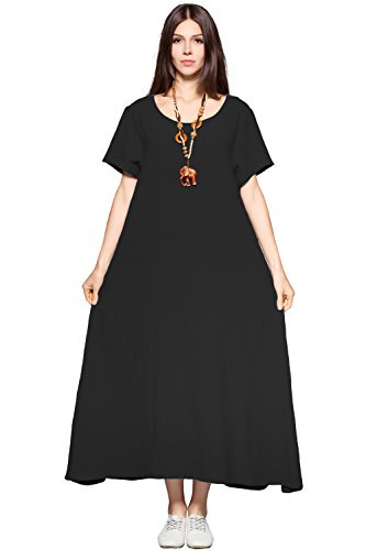 Anysize Side Pockets Linen Cotton Soft Loose Dress Spring Summer Plus Size Clothing F131A