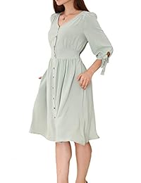 AUTOMET - Vestido para mujer, estilo casual con mangas plisadas, cintura elástica, con botones y bolsillos