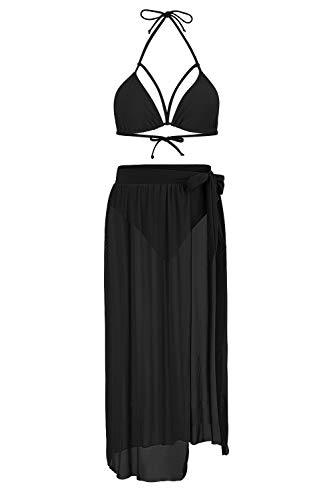 Kisscynest Women's Halter Neck Cut Out 3 Pieces Swimwear with Mesh Maxi Skirt