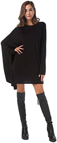 AMII Womens Casual Solid Loose Asymmetric Batwing Sleeves Modal Knee Length Dresses Black XL