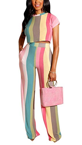 Womens Color Stripe Two Piece Outfits Short Sleeve Crop Tops High Wairst Long Pants Jumpers with Belt