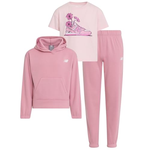 New Balance Girls 3pc Sweatsuit - Cotton Blend Fleece Activewear Set - Pullover Crewneck Hoodie, T-Shirt, Jogger, (4-12)