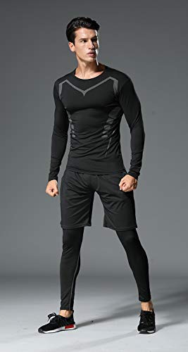 5PCS /Men Workout Outfit Set Gym Running Fitness Sportswear Kit Compression Pants Shirt Top Long Sleeve Jacket Set Black Gray - Thumbnail 4