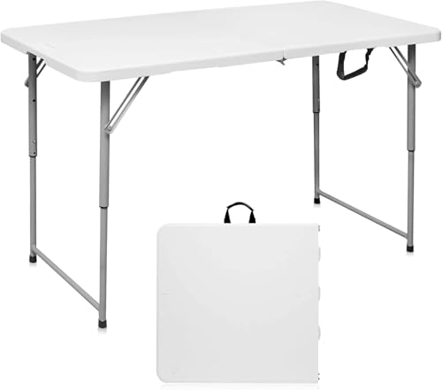 MOMENT Foldable Lightweight Trestle Outdoor Camping Tables, Heavy Duty Plastic Outdoor Folding Picnic Table, Folding Trestle Table For BBQ Party, Folds in Half with Carry Handle, White