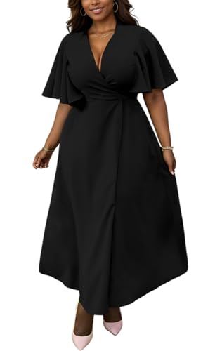 WUSENST Black Plus Size Dresses for Curvy Women Sexy V Neck Wrap Ruffle Short Sleeve Front Tie Waist Maxi Dress at Amazon