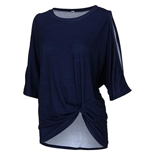 Summer T Shirt Women Half Sleeve Cold Shoulder Casual Tunic Top, Loose Twist Knotted Tops Blouse, Hot Fashion Tee for Lady Blue - Thumbnail 6