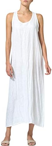 Kingfansion Womens Dresses Summer Plus Size Solid Sleeveless Cotton Linen Casual Loose Maxi Dress