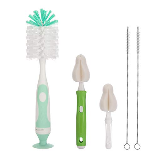 Baby Bottle Brush with One Base Hidden Nylon Nipple Cleaner,2 Pcs Sponge Nipple Brushes,2 Pcs Straw Brushes,Baby Bottle Cleaner with Nipple Cleaner and Stand,Bottle Brush with Suction Cup,Green