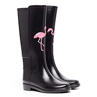 YUXIDSCR Women Rubber Waterproof Knee-High Girls Tall Rain Boots Wellies Fashion Shoes Flamingo Black 38