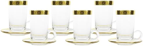 8 oz Glass Tea Cups and Saucer with Golden Rims 6 Piece Set Made in Italy
