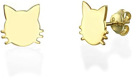 14K Solid Yellow Gold Whiskered Cat Women Push Back Stud Earrings