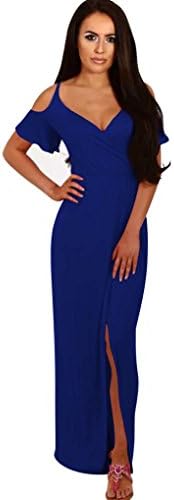 Alimao 1PC Women Bohemian Cold Shoulder Strapless Maxi Solid Split Long Dresses (M, Blue)