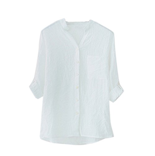 Clearance Sale! FarJing Women Cotton Solid Long Sleeve Shirt Casual Loose Blouse Button Down Tops (Size: M, White)