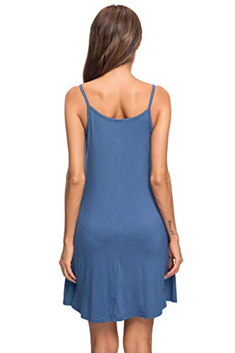 MISFAY Women's Summer Spaghetti Strap Casual Swing Tank Beach Cover Up Dress with Pockets (L, Beja Blue)