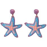Starfish Earrings Handmade Raffia Starfish Earrings for Women Blue Sea Star Dangle Drop Earring Summer Beach Vacation Style Jewelry