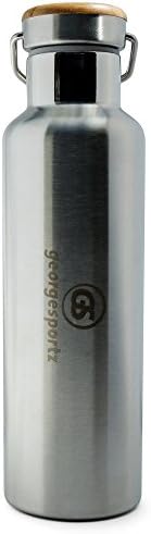 George Sportz Stainless Steel Insulated Sports Water Bottle (Complimentary Eco-Friendly Silicone Seal) BPA Free-Double Walled Vacuum Flask-Wide Mouth-Sleek Brushed Steel With a Bamboo Cap-20oz (600ml)