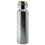 George Sportz Stainless Steel Insulated Sports Water Bottle (Complimentary Eco-Friendly Silicone Seal) BPA Free-Double Walled Vacuum Flask-Wide Mouth-Sleek Brushed Steel With a Bamboo Cap-20oz (600ml)