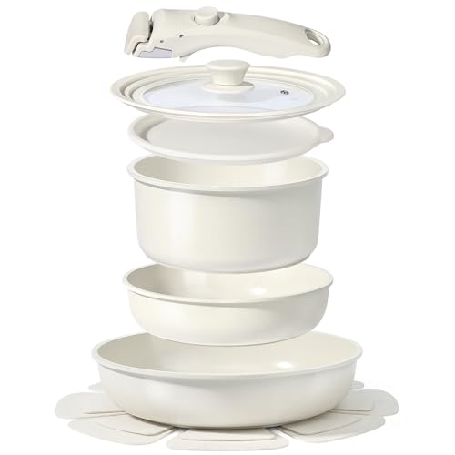 GiPP Ceramic Coating Pots and Pans Set Non Stick, 8pcs Nonstick Detachable Handle Cookware Sets, Non Toxic Induction Kitchen Pot and Pan, Healthy RV Cookware, Dishwasher＆Oven Safe(White)