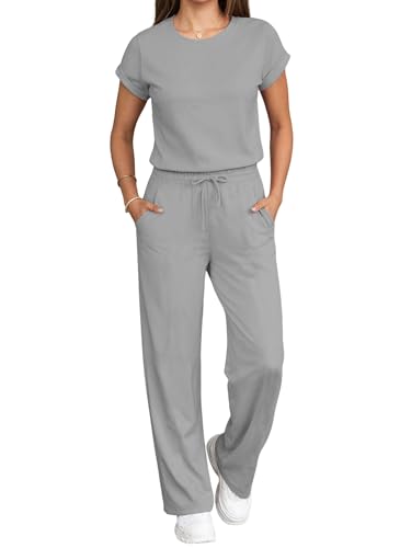 PINSV Women's 2 Piece Outfits Lounge Sets Short Sleeve Tops Wide Leg Pants Tracksuit Light Gray L1 at Amazon