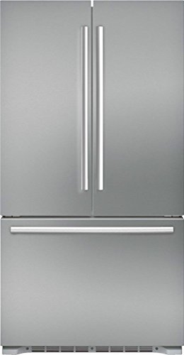 Bosch 4-Piece Stainless Steel Kitchen Package with B21CT80SNS 36" French Door Refrigerator, HDI8054U 30" Slide-in Electronic Range, DHL755BUC 30" Custom Hood Insert, and HMD8053UC 30" Drawer Microwave