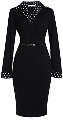 SmileWoman Women's Vintage Black Polka Dot Collared Business Party Pencil Dress