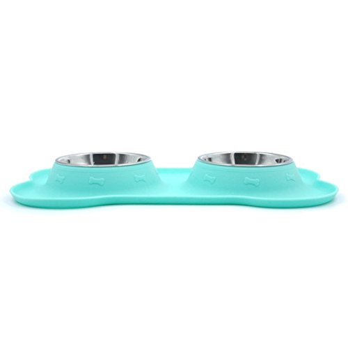 Super Design Double Bowl Pet Feeder Stainless Steel Food Water Bowls with No Spill Silicone Mat for Dogs Cats, Medium, Light Green - Thumbnail 3