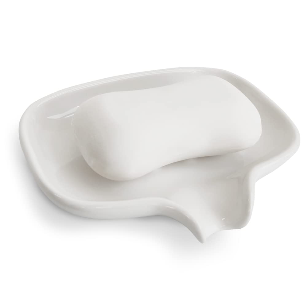Multi-Color Ceramic Soap Dish for Kitchen or Bathroom, Easy to Clean, Self Draining Soap Holder, Keeps Soap Dry (White)