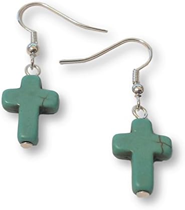 Silver Tone Turquoise Colored Howlite Cross Earrings, Handmade Southwestern Women's Jewelry