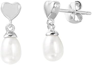 Exquisite Sterling Silver Rhodium Plated Heart with Dangling Fresh WaterPearl Post Earring -