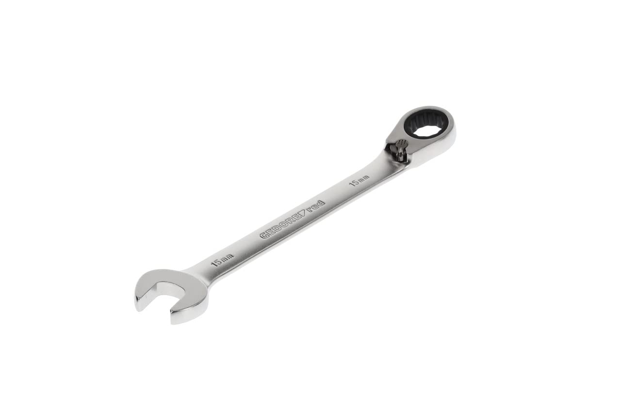GEDORE red Combination ratchet spanner, Reversible, AF 15 mm, Angled, Flat, Bi-hex, Spanner, R07200150