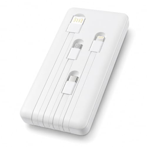 Power Bank Carregador Portátil Universal 10000mAh com Cabos Integrados USB-A, USB-C (Type-C), Micro-USB e USB-Light Carregamento Rápido Bateria Externa Compacta para Celular Android iOS(Branco)