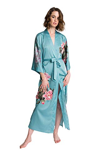 Old Shanghai Women's Kimono Robe Long - Watercolor Floral, peony & bird - cameo blue, One Size