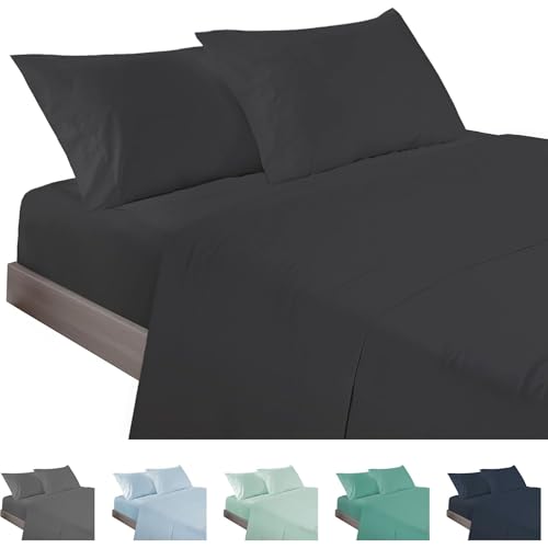 ECOMMERC3 | 4-Piece Bed Sheet Set 180 Made in Spain - Sheet Set with Fitted Sheet, Top Sheet and 2 Pillowcases 45 x 100 cm Black