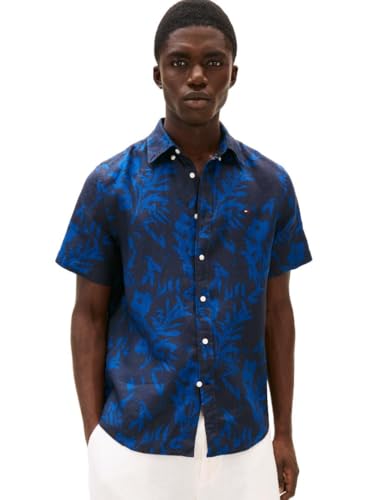 Tommy Hilfiger Men’s Linen Tropical Print Regular Short Sleeve Shirts, Desert Sky/Night Sky Large