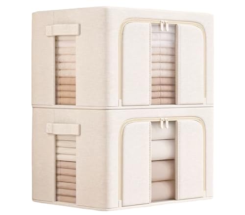Clothes Organizer, 2 Pack Foldable Metal Frame Clothing Storing Bins with Double Visable Window, Large Capacity Cloth Container with Reinforced Handles, Storage Box, (Cream Yellow) (100L)