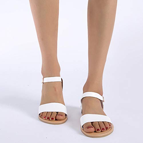 Women's Soft Faux Leather Open Toe and Fashion Ankle Strap Buckle Flat Sandals Comfortable Sandals Shoes White