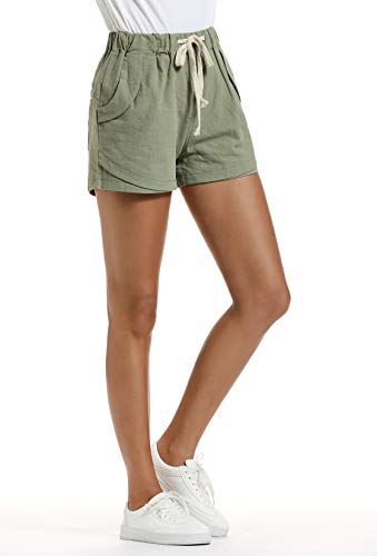 NEWFANGLE Women’s Cotton Linen Causal Shorts Comfy Beach Short Drawstring Elastic Waist Shorts,Green,S