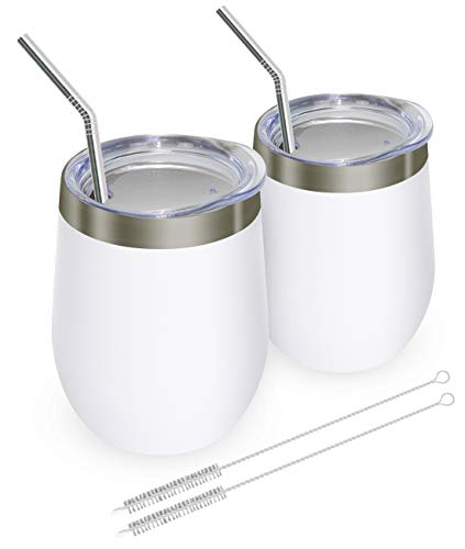 Wine Tumblers, GIGRIN 2 Sets Stemless Insulated Wine Glasses 12oz with Lid and Straw, Stainless Steel Wine Cup