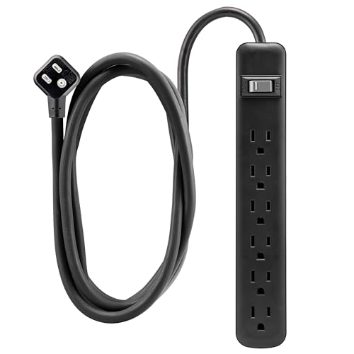 GE 6-Outlet Power Strip, 6 Ft Extension Cord, Heavy Duty Plug, Grounded, Integrated Circuit Breaker, 3-Prong, Wall Mount, ETL Listed, Black, 14088