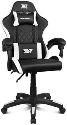 Drift gaming dr35 - cadeira profissional, couro sintético, apoios de braços acolchoados, pistão classe 3, base de náilon reforçada, assento giratório, altura ajustável, almofada lombar/cervical, cor preta/branca
