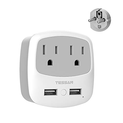 Germany France Travel Power Adapter,TESSAN Schuko Plug with 2 USB Ports 2 AC Outlets, US to