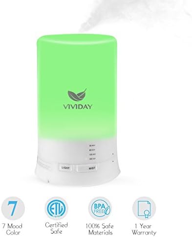 Vividay Cool Mist Humidifier Ultrasonic Essential Oil Diffuser Aromatherapy Diffuser for Essential Oils Yoga Office Bedroom Humidifier 7 Color Changing 100ml Bpa Free- 1 Year Warranty