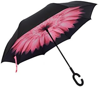 Double Layer Inverted Umbrella C-shaped Handle Reverse &amp; Self Standing Inside Out Umbrella(color pink)