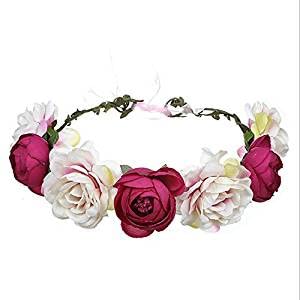 Amorar Handmade Red Rose Flower Garland Headband, Hair Wreath Halo Floral Crown for Festival Wedding, Headpiece with Ribbon, Disposable Packaging