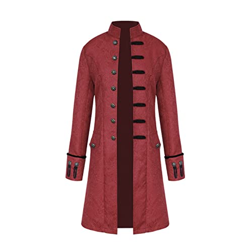 Crubelon Men's Steampunk Vintage Tailcoat Jacket Gothic Victorian Frock Coat Uniform Halloween Costume (Red, L)