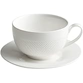 Colias Wing 12 Oz White Series Mesh Relief Design Ceramic Tea Cup Coffee Mug Travel Mug with Saucer