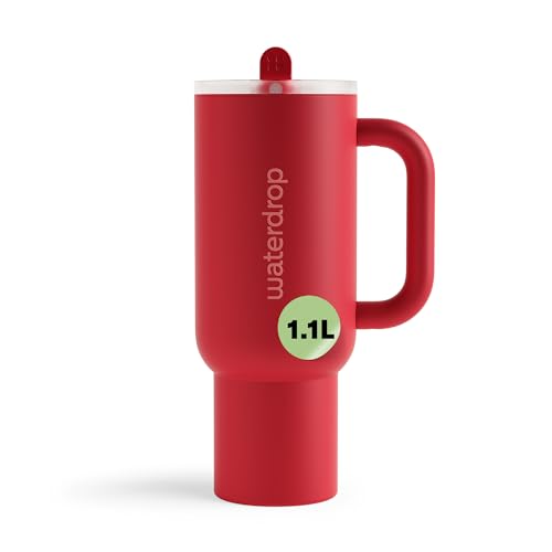 waterdrop® Thermobecher mit Strohhalm 1,1L – Auslaufsichere, robuste Trinkflasche mit aufklappbarem Trinkhalm, Hält 12h kalt, Trinkbecher mit Deckel,