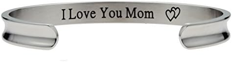 Liuanan Stainless Steel Bracelet "I Love You Mom" Loving Heart Cuff Bangle for Mother's Day Gift (Silver)